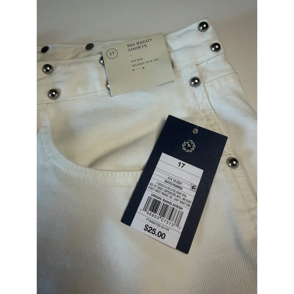 Universal Thread 90s Baggy Shorts White Studded Denim Mid Rise Size 17 NWT